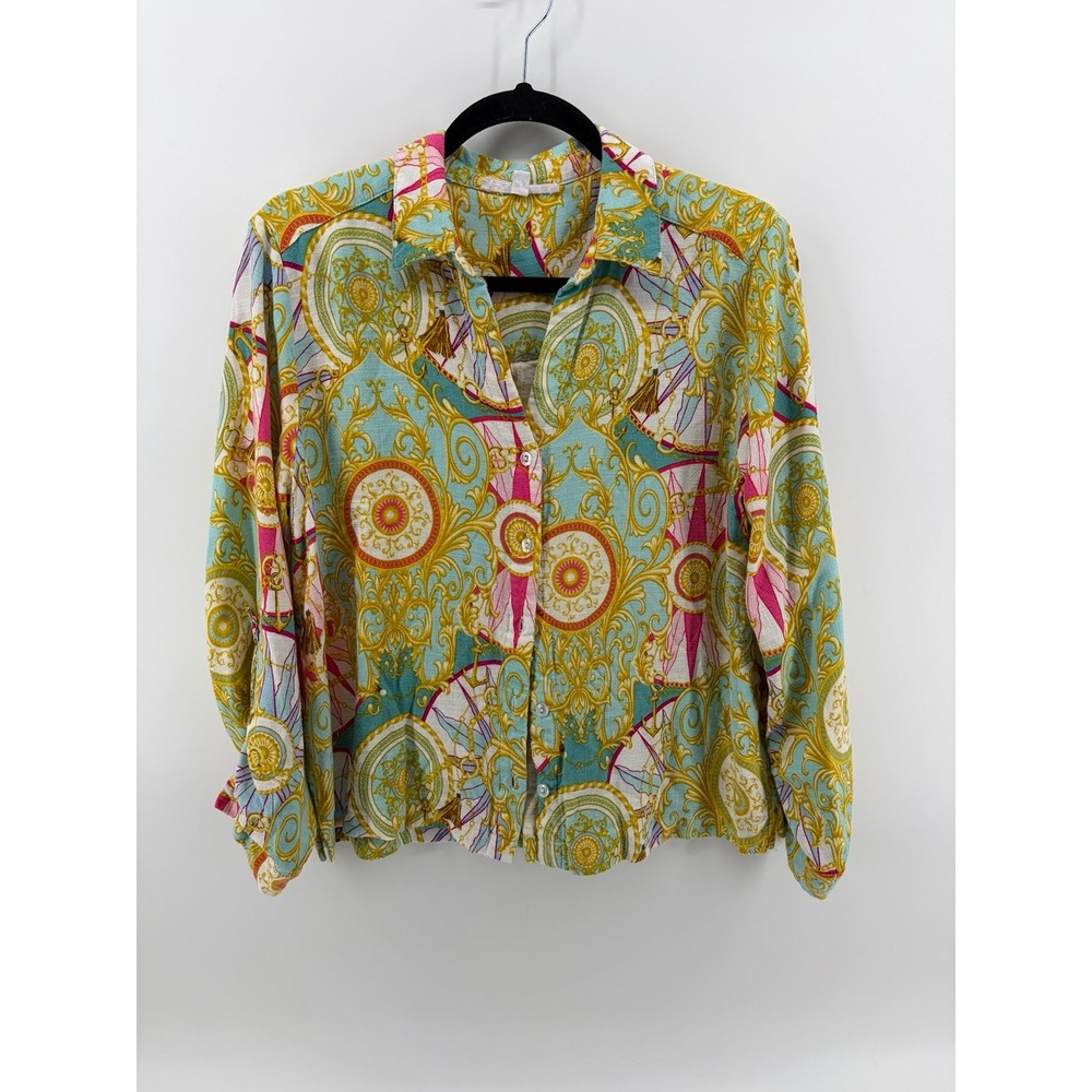 Jane + Delancey, Linen Blend, Button Up Top Colorful, Women's Size Large